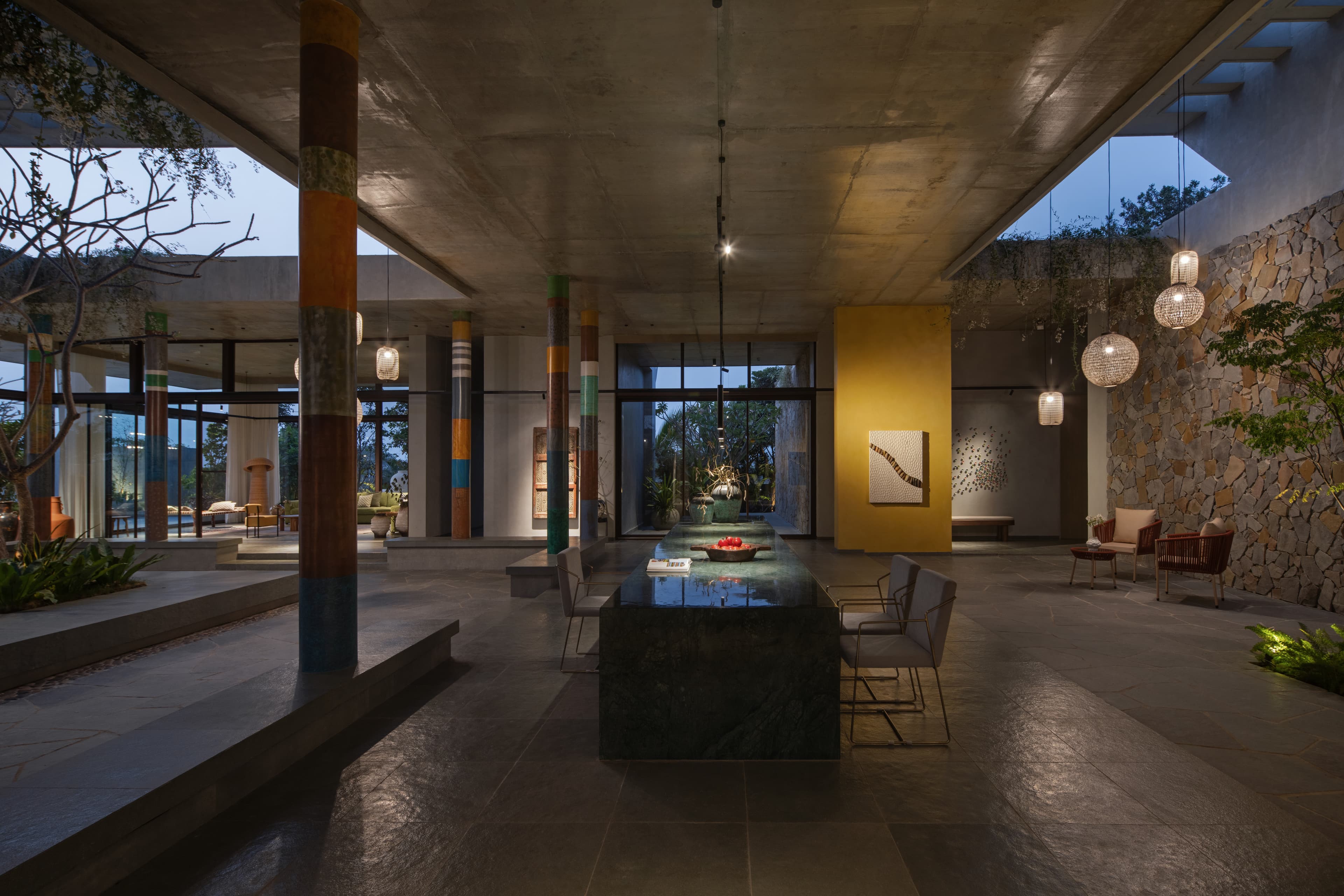 Midday light travels the length of the stone floor.